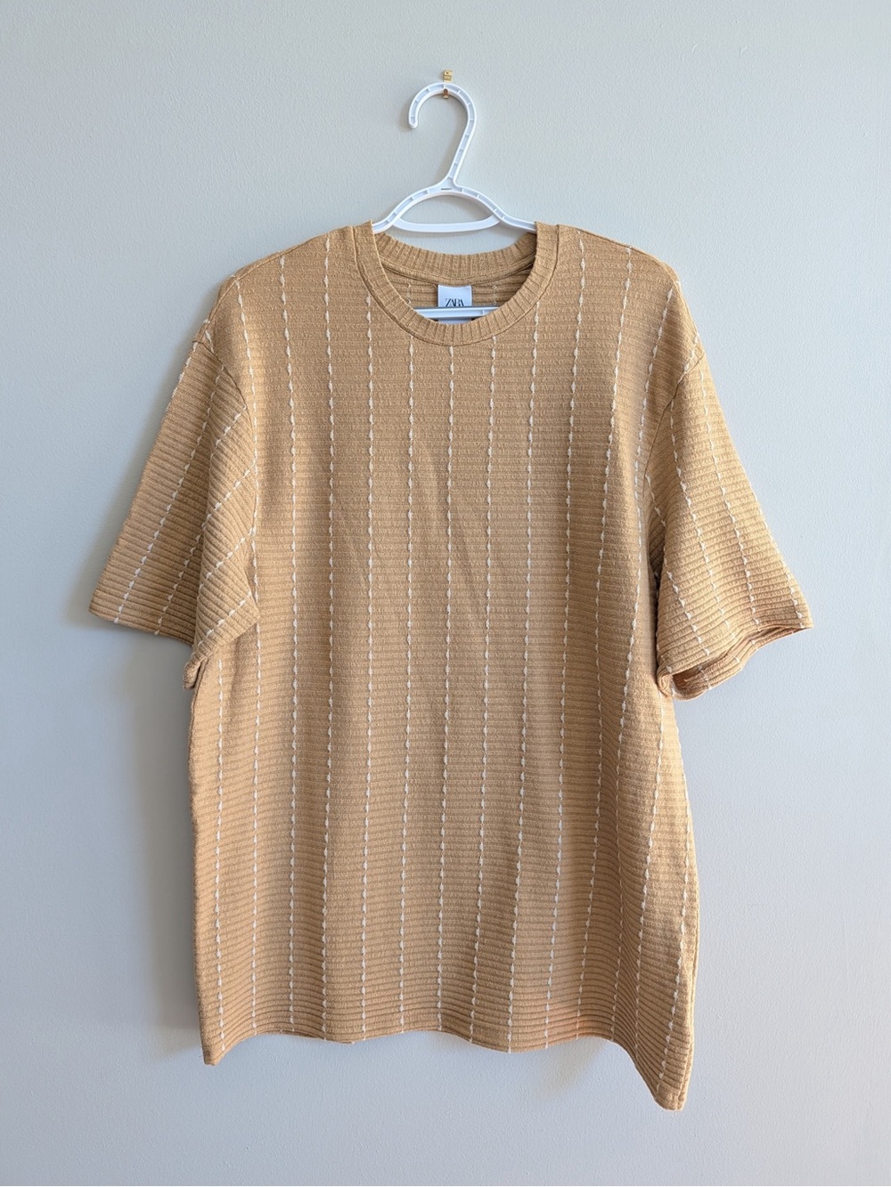 Zara Short-Sleeve Knit Shirt in Light Tan with Subtle Stripe - Picture 1 of 3